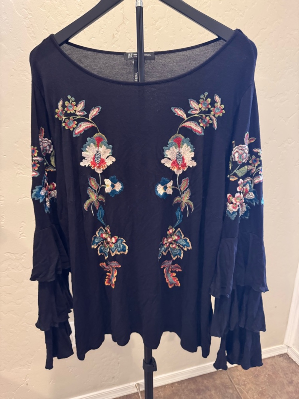 Embroidered Black Floral Bell-Sleeve Women's Top
